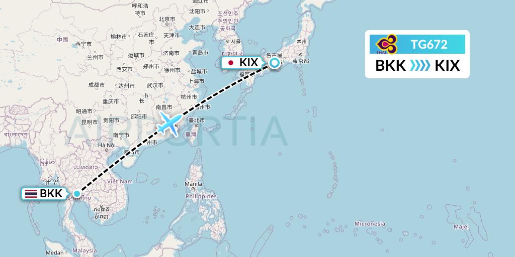 TG672 Thai Airways Flight Map: Bangkok to Osaka