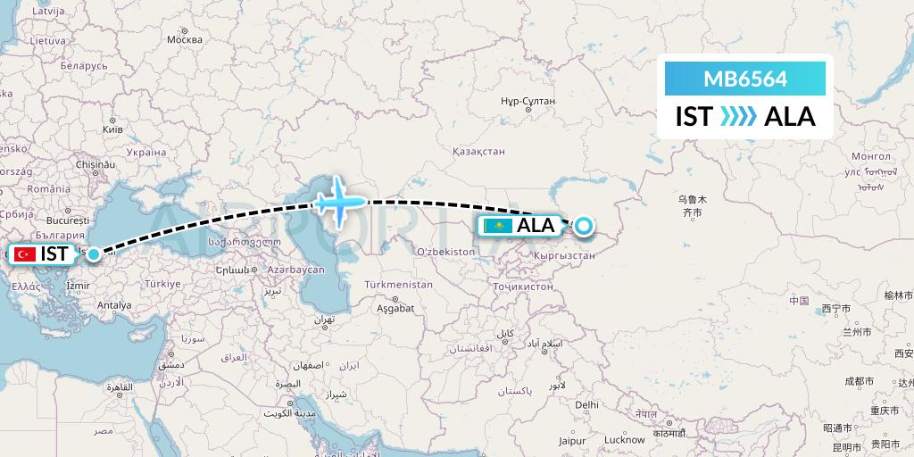 MB6564 MNG Airlines Flight Map: Istanbul to Almaty