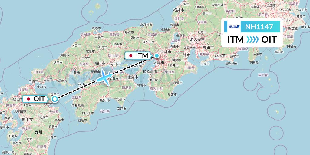 NH1147 All Nippon Airways Flight Map: Osaka to Oita