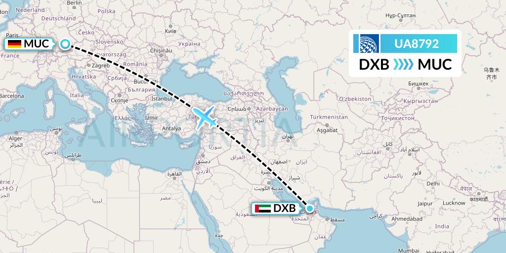 UA8792 United Airlines Flight Map: Dubai to Munich