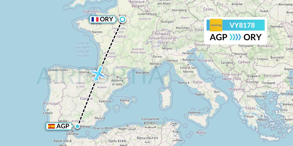VY8178 Vueling Flight Map: Malaga to Paris