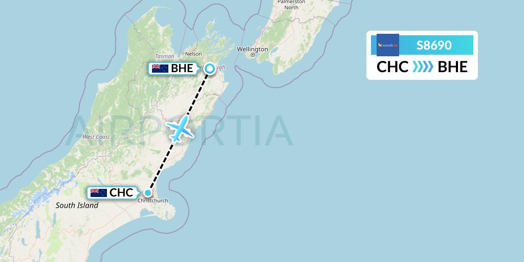 S8690 Soundsair Flight Map: Christchurch to Blenheim