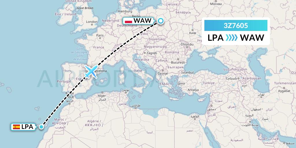 3Z7605 Smartwings Poland Flight Map: Las Palmas to Warsaw