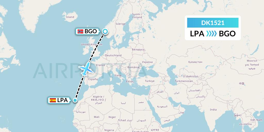 DK1521 Thomas Cook Airlines Scandinavia Flight Map: Las Palmas to Bergen