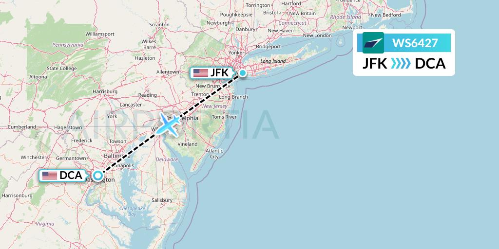 WS6427 WestJet Flight Map: New York to Washington