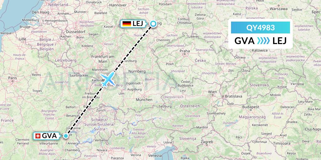 QY4983 European Air Transport Flight Map: Geneva to Leipzig