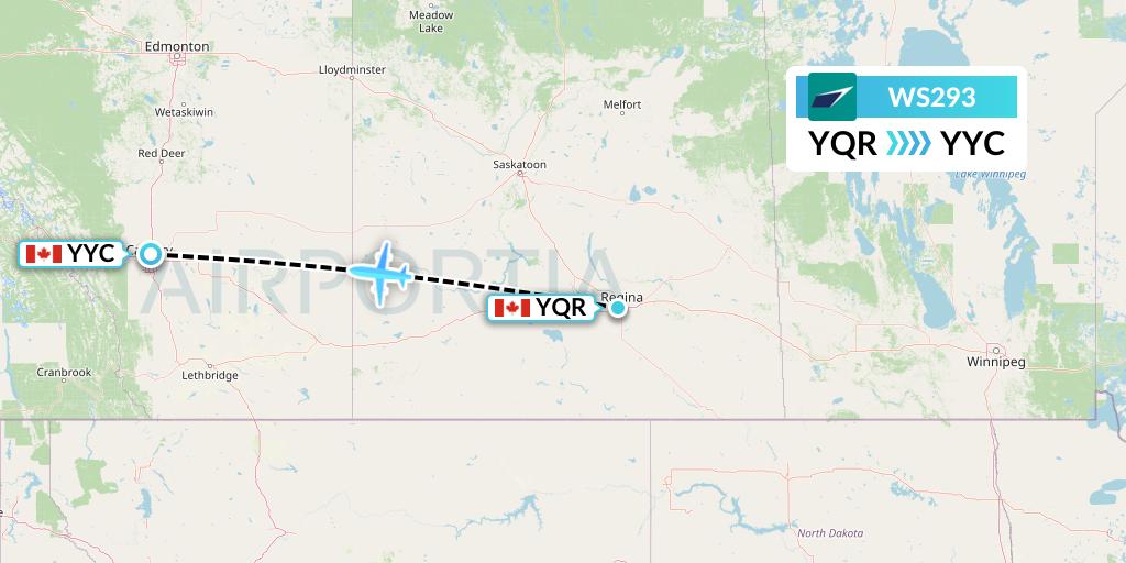 WS293 WestJet Flight Map: Regina to Calgary