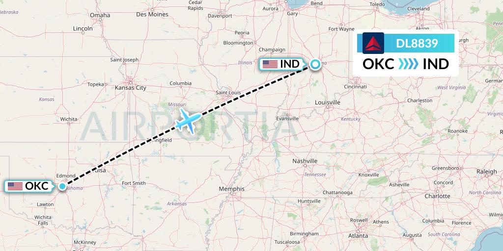 DL8839 Delta Air Lines Flight Map: Oklahoma City to Indianapolis