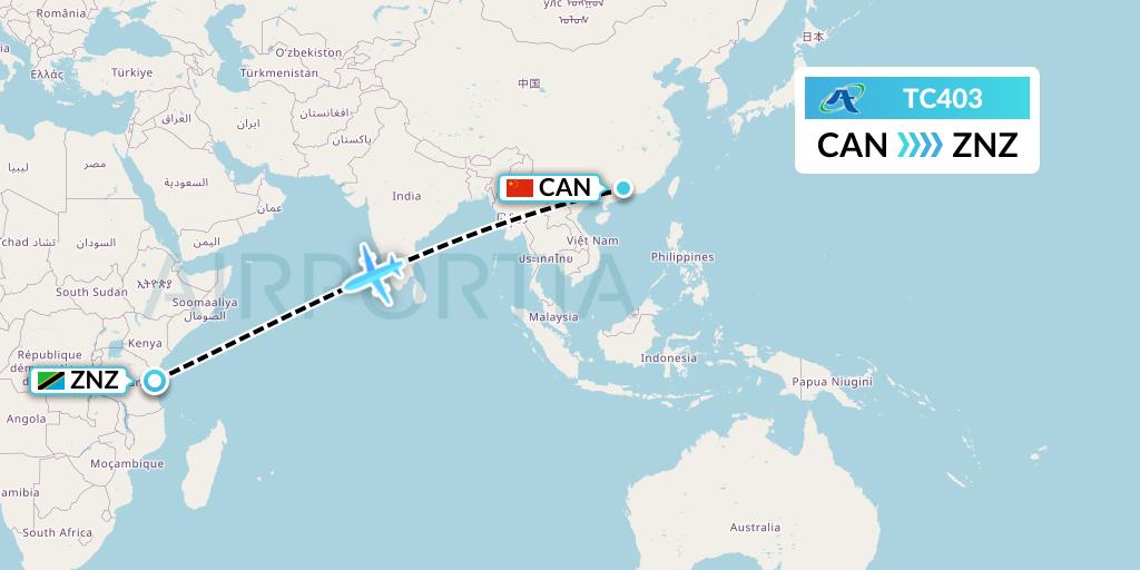 TC403 Air Tanzania Flight Map: Guangzhou to Zanzibar