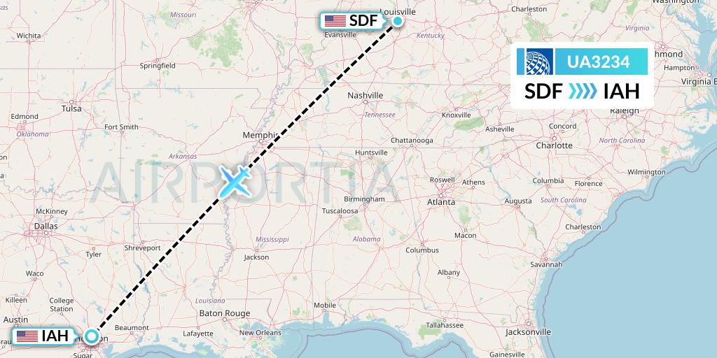 UA3234 United Airlines Flight Map: Louisville to Houston