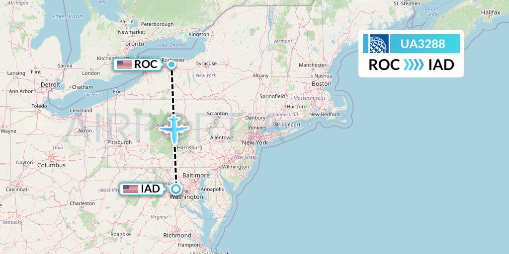 UA3288 United Airlines Flight Map: Rochester to Washington