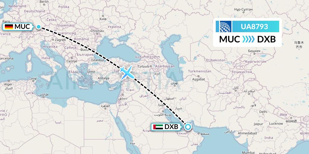 UA8793 United Airlines Flight Map: Munich to Dubai