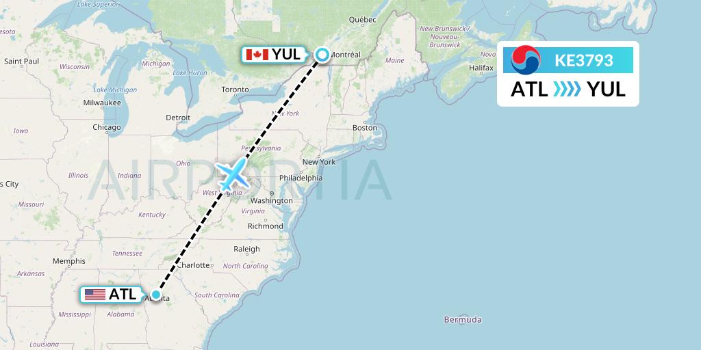 KE3793 Korean Air Flight Map: Atlanta to Montreal