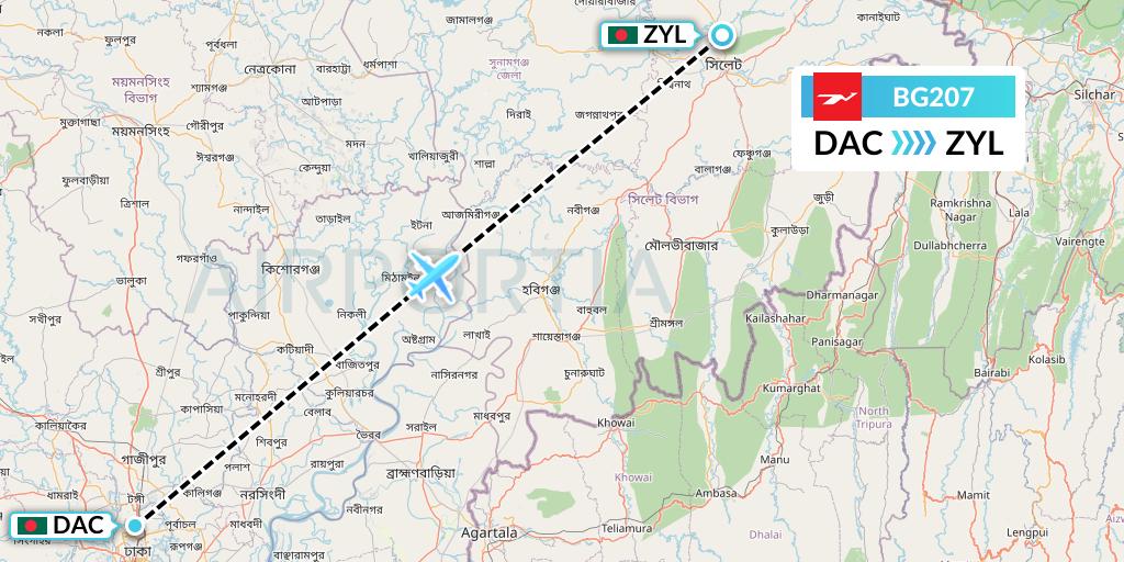 BG207 Biman Bangladesh Airlines Flight Map: Dhaka to Sylhet