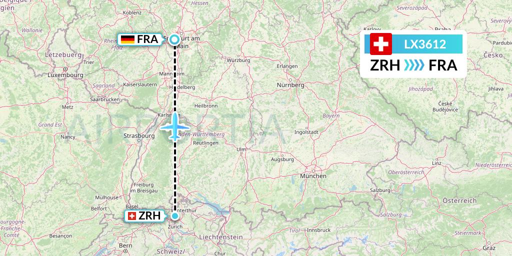 LX3612 Swiss Flight Map: Zurich to Frankfurt