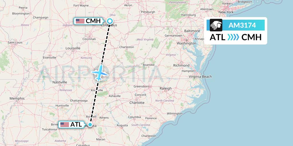 AM3174 Aeromexico Flight Map: Atlanta to Columbus