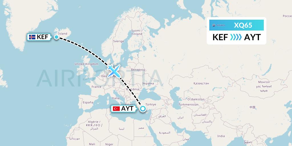 XQ65 SunExpress Flight Map: Reykjavik to Antalya
