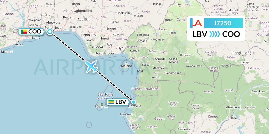 J7250 Afrijet Business Services Flight Map: Libreville to Cotonou