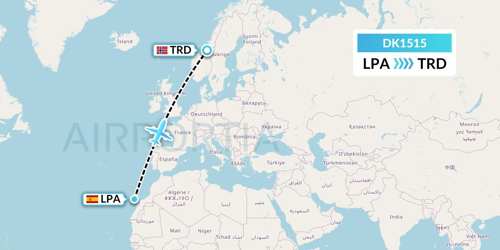 DK1515 Thomas Cook Airlines Scandinavia Flight Map: Las Palmas to Trondheim