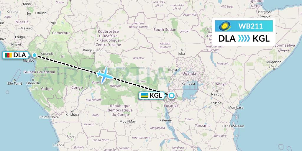 WB211 RwandAir Flight Map: Douala to Kigali