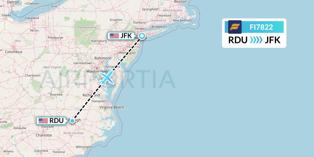FI7822 Icelandair Flight Map: Raleigh-Durham to New York
