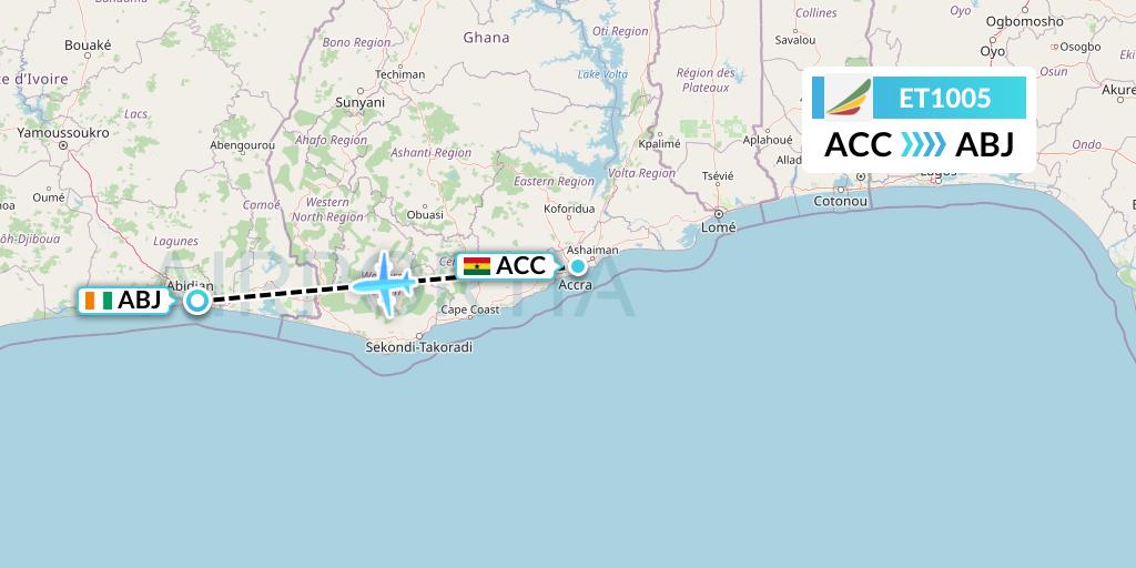 ET1005 Ethiopian Airlines Flight Map: Accra to Abidjan