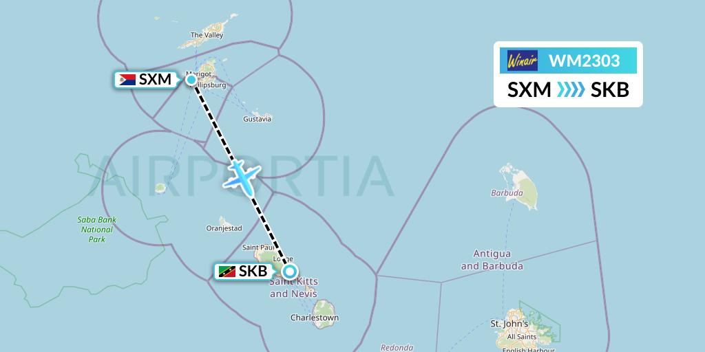 WM2303 Winair Flight Map: Sint Maarten to Basseterre