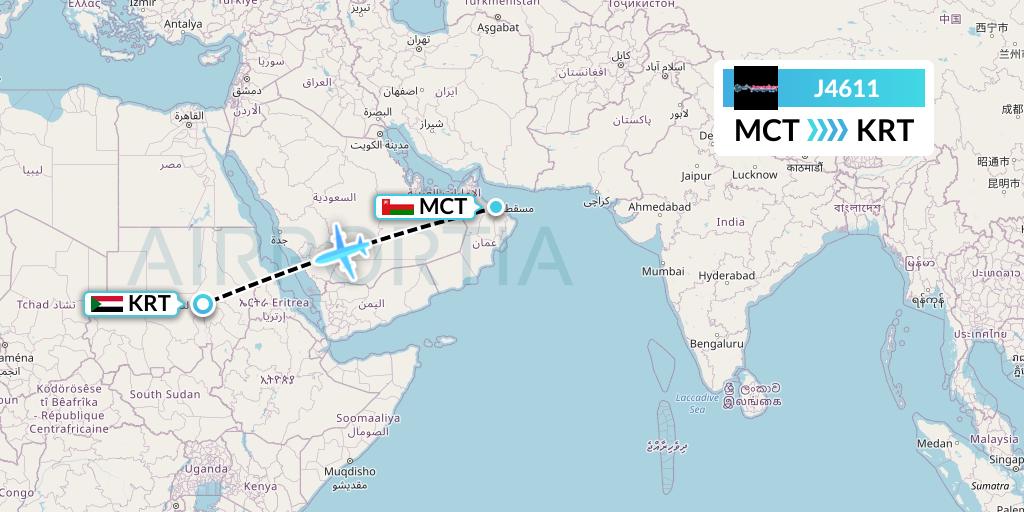 J4611 Badr Airlines Flight Map: Muscat to Khartoum