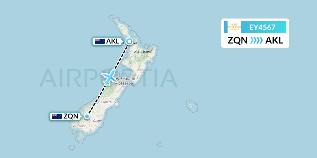 EY4567 Etihad Airways Flight Map: Queenstown to Auckland
