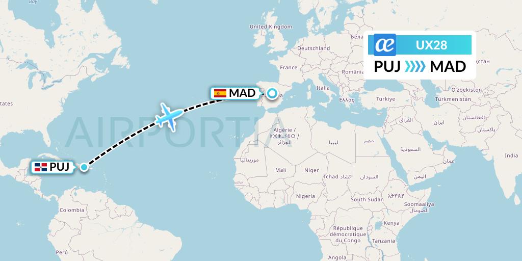 UX28 Air Europa Flight Map: Punta Cana to Madrid