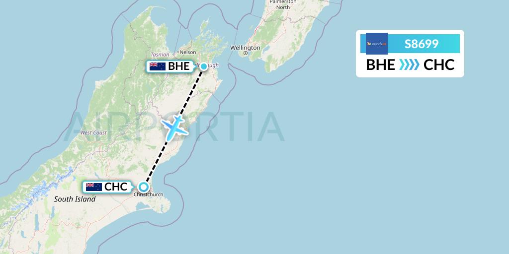 S8699 Soundsair Flight Map: Blenheim to Christchurch