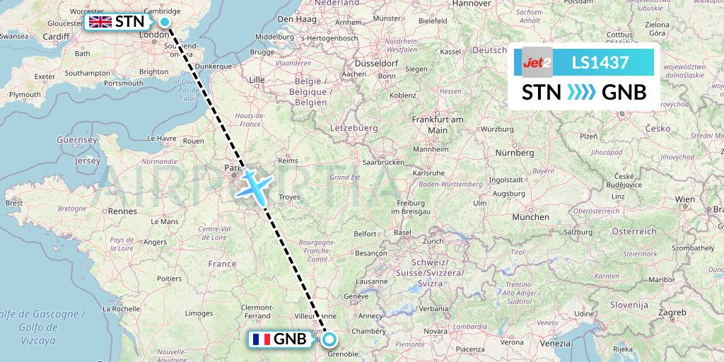 LS1437 Jet2 Flight Map: London to Grenoble