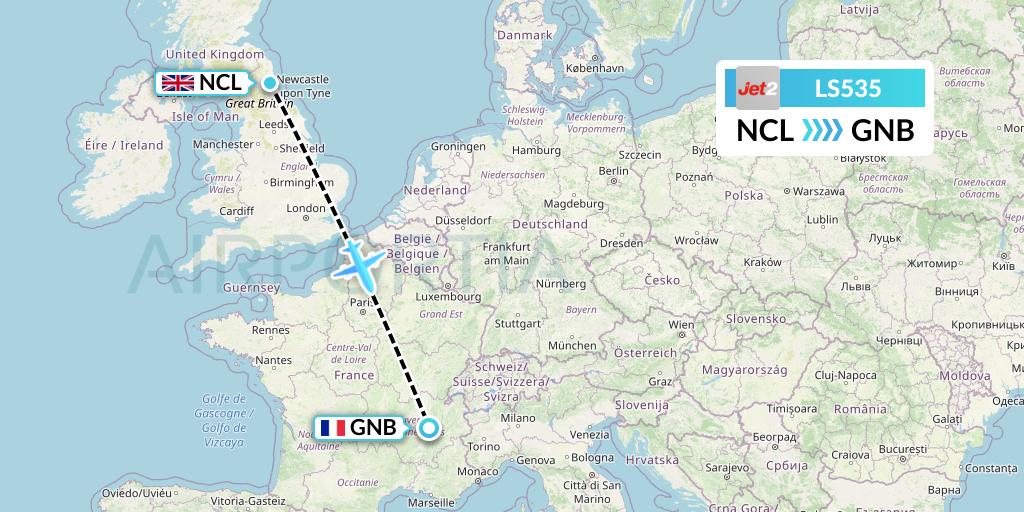 LS535 Jet2 Flight Map: Newcastle to Grenoble
