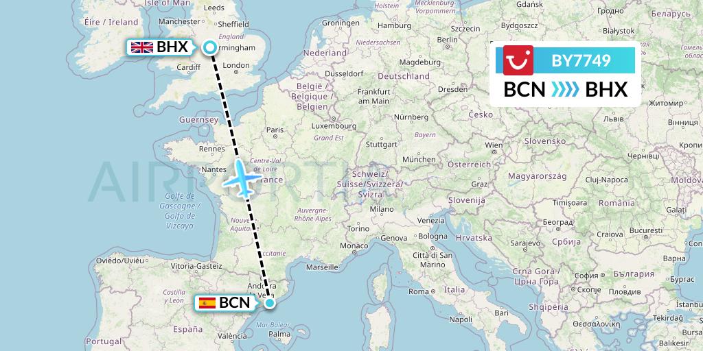 BY7749 TUI Airways Flight Map: Barcelona to Birmingham