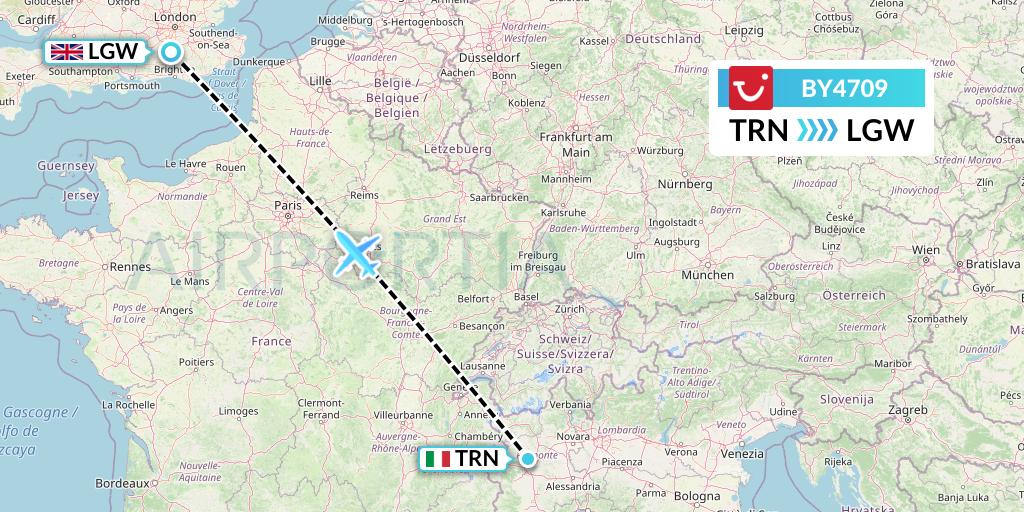 BY4709 TUI Airways Flight Map: Turin to London