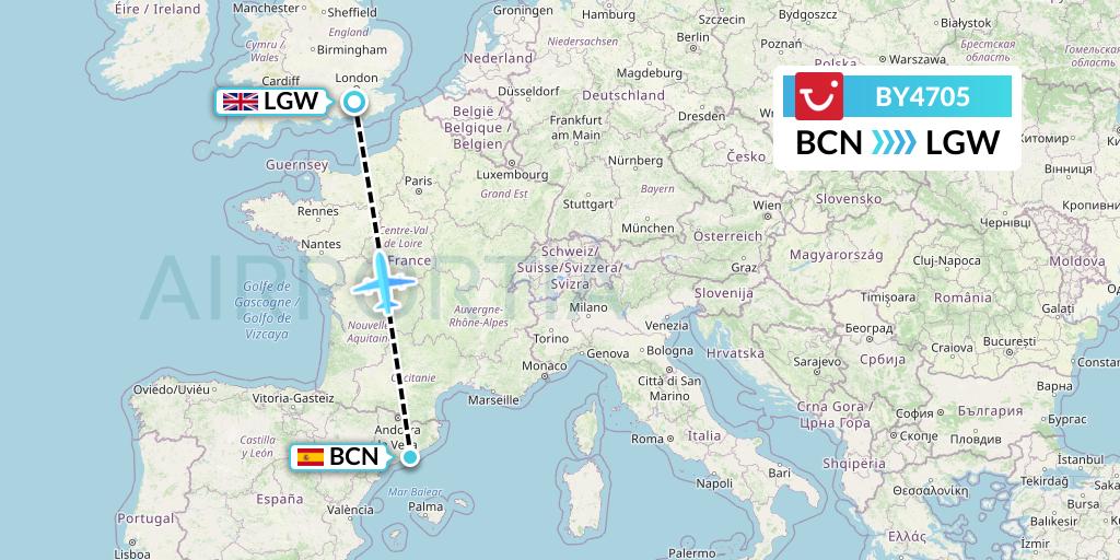 BY4705 TUI Airways Flight Map: Barcelona to London