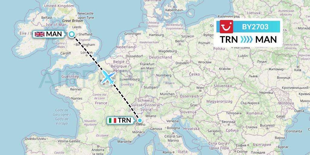 BY2703 TUI Airways Flight Map: Turin to Manchester