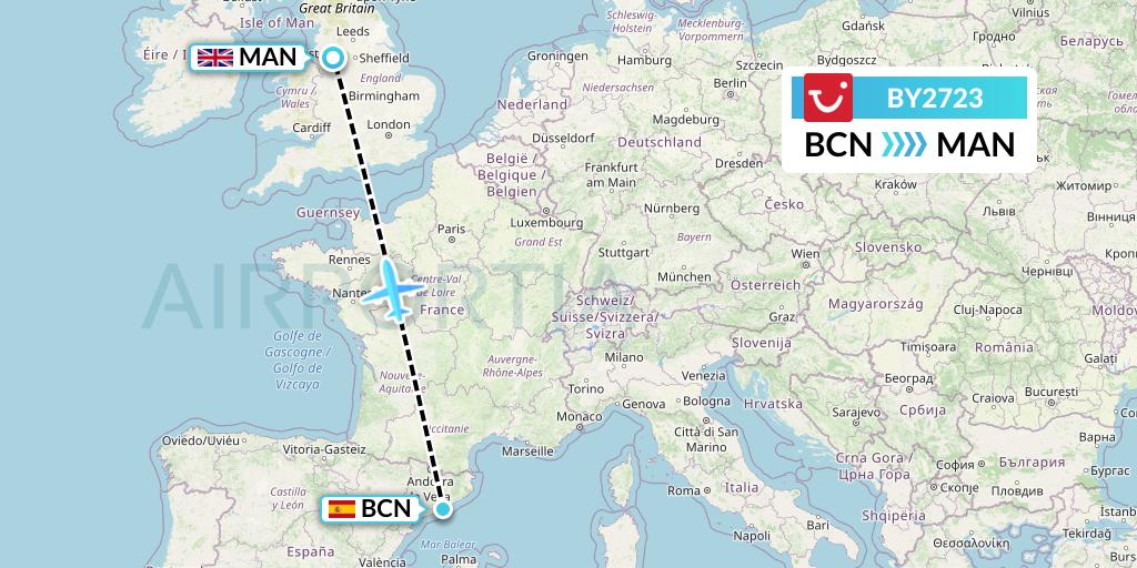 BY2723 TUI Airways Flight Map: Barcelona to Manchester