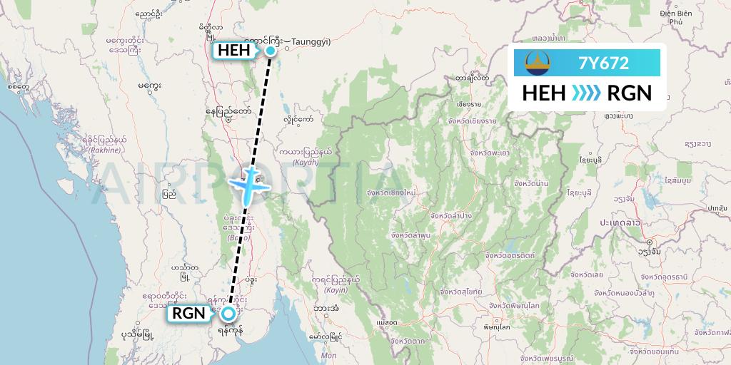 7Y672 Mann Yadanarpon Airlines Flight Map: Heho to Yangon