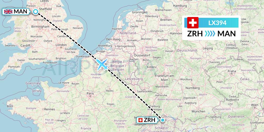 LX394 Swiss Flight Map: Zurich to Manchester
