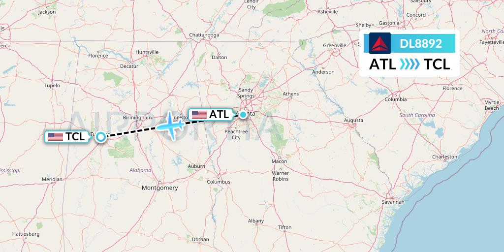 DL8892 Delta Air Lines Flight Map: Atlanta to Tuscaloosa