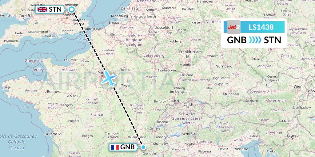 LS1438 Jet2 Flight Map: Grenoble to London