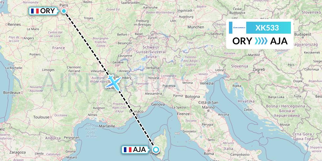 XK533 Air Corsica Flight Map: Paris to Ajaccio