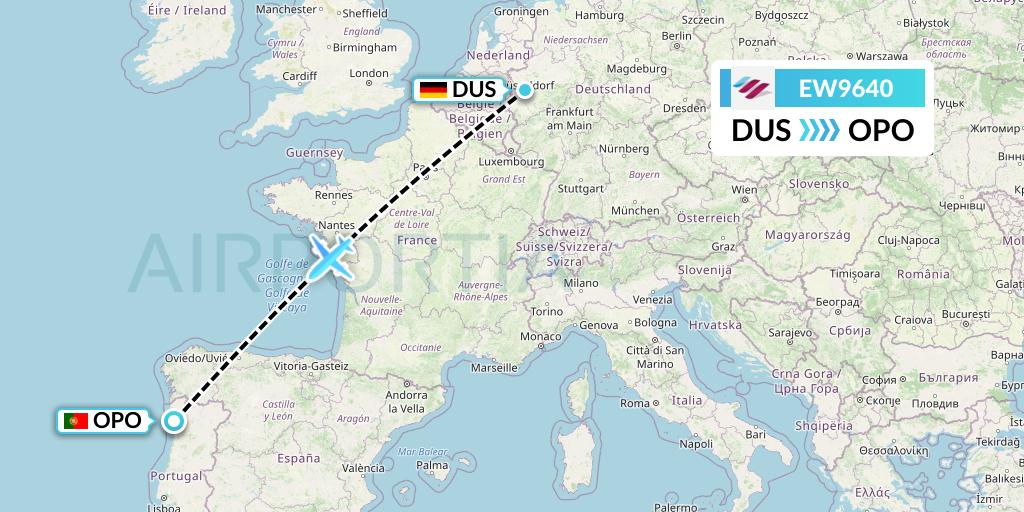 EW9640 Eurowings Flight Map: Dusseldorf to Porto