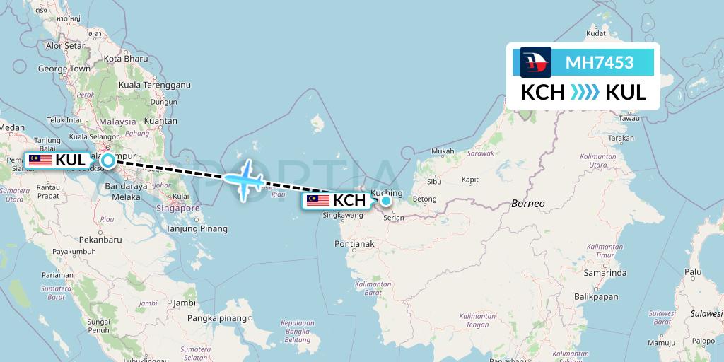 MH7453 Malaysia Airlines Flight Map: Kuching to Kuala Lumpur