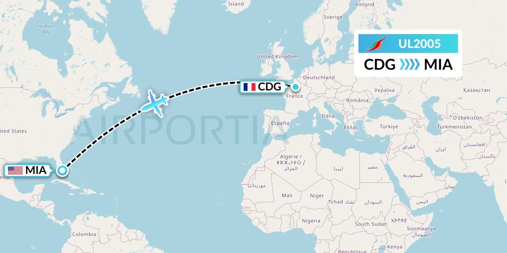 UL2005 SriLankan Airlines Flight Map: Paris to Miami
