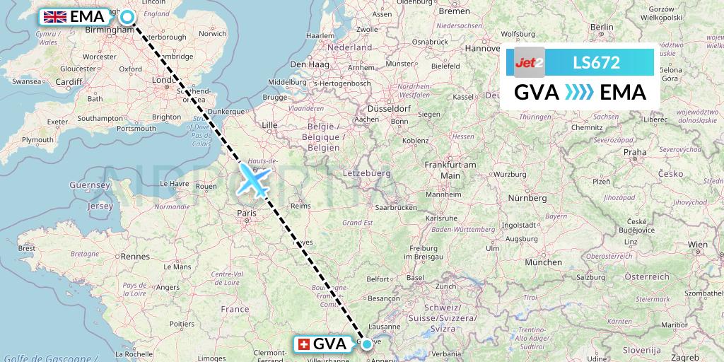 LS672 Jet2 Flight Map: Geneva to East Midlands