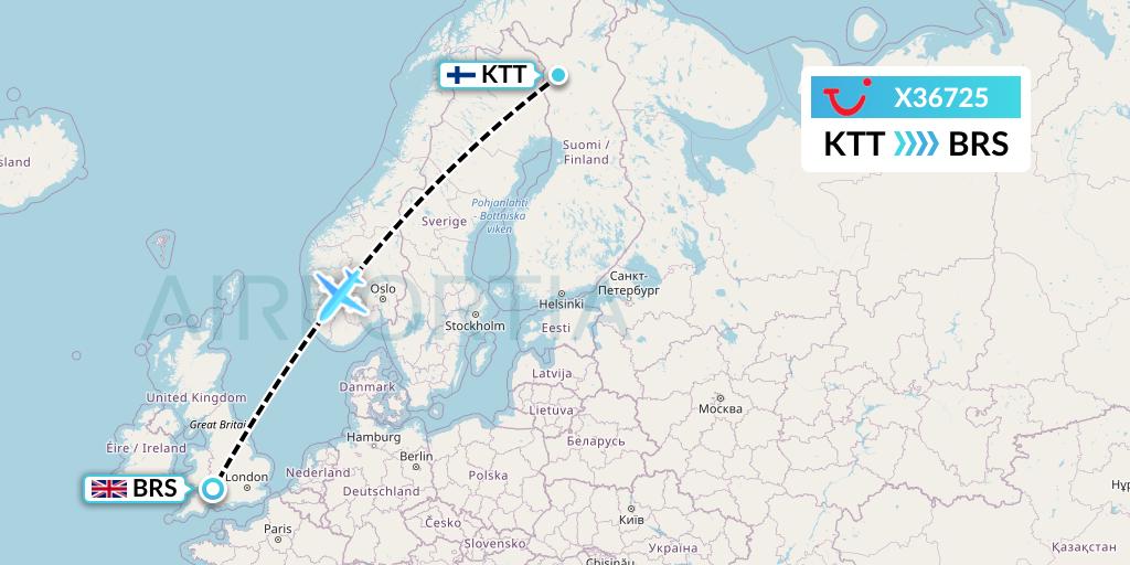 X36725 TUI fly Germany Flight Map: Kittila to Bristol