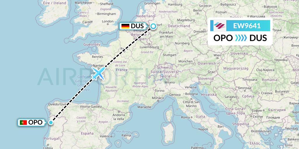 EW9641 Eurowings Flight Map: Porto to Dusseldorf