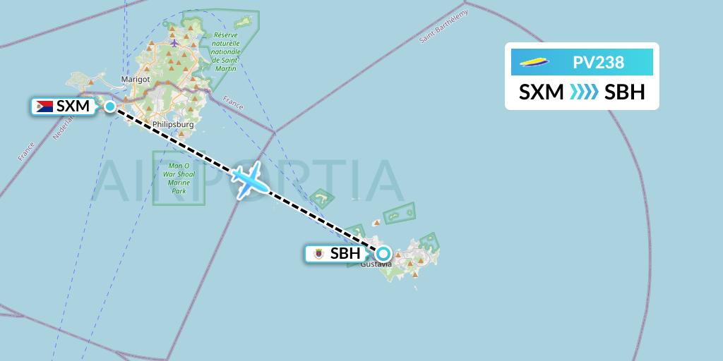 PV238 St. Barth Commuter Flight Map: Sint Maarten to St. Jean